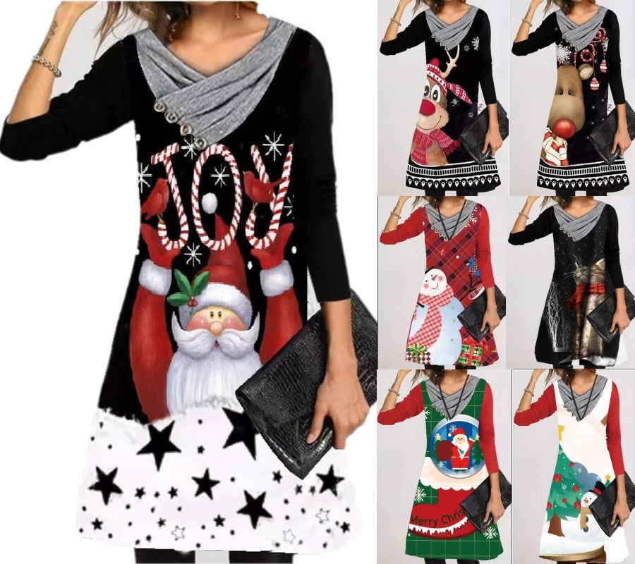 Women's Christmas Printed Long Sleeve Pullover Dress